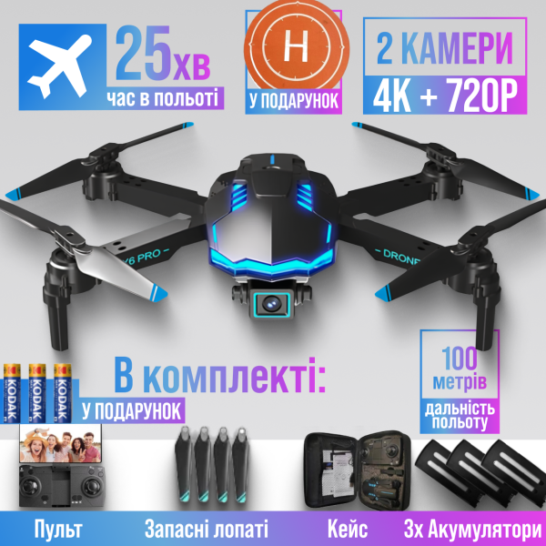 Дитячий квадрокоптер X6 з камерою, дрон HD FPV, до 100 м, до 30 хв польоту, 3 акумулятори + кейс і батарейки