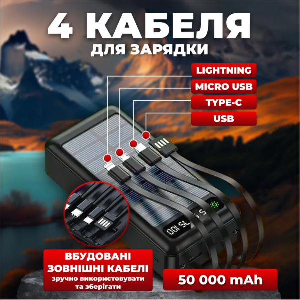 Зовнішній акумулятор Потужний повербанк power bank портативний із сонячною батареєю 50000mah