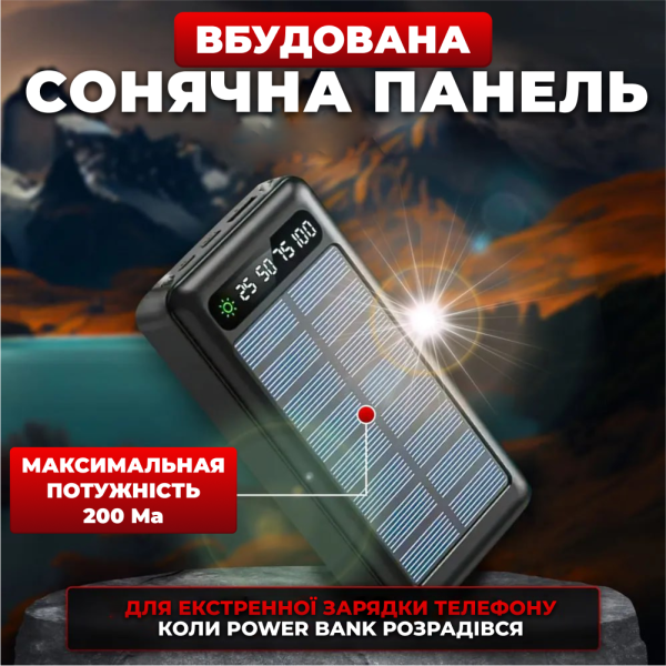 Зовнішній акумулятор Потужний повербанк power bank портативний із сонячною батареєю 50000mah
