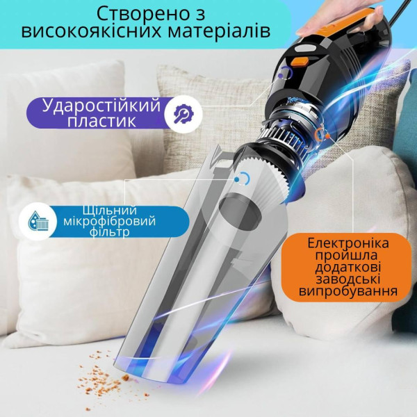 Автомобільний пилосос VC003B провідний - 8000 Па/100 Вт/12 В пилосос для авто, від прикурювача + сумка