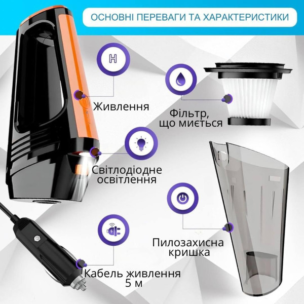 Автомобільний пилосос VC003B провідний - 8000 Па/100 Вт/12 В пилосос для авто, від прикурювача + сумка
