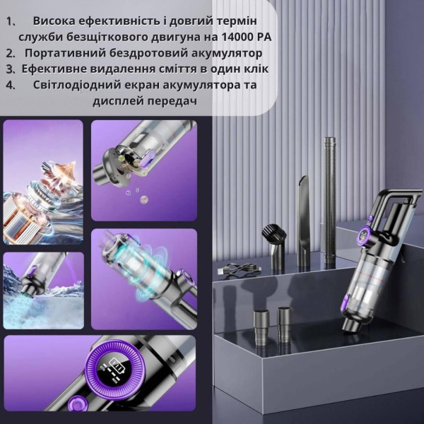 Акумуляторний автомобільний пилосос VC028 15000 kPa, бездротовий, для дому автомобіля. + сумка/арома/фібра