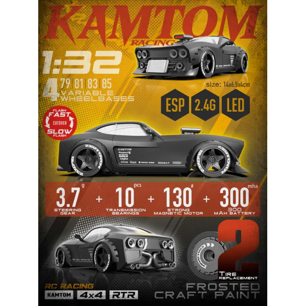 Радіокерована дрифт-машинка KANTOM 4WD Drift Racer 1/32 з LED фарами та регульованою колісною базою