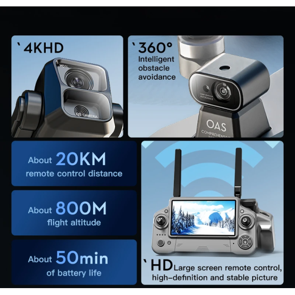 Квадрокоптер KF100 MAX з 4K камерою, GPS, лазерним обходом, 3-осьовим підвісом, пультом з екраном, до 6 км, FPV, EIS стабілізація,