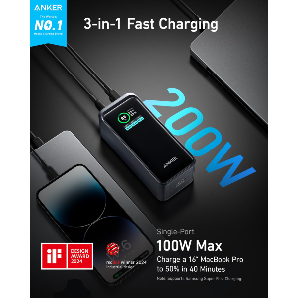 Повербанк Anker A1336 20000 мА·год 200W, Power Bank USB-C 100W / USB-A 65W, LCD-дисплей, швидка зарядка