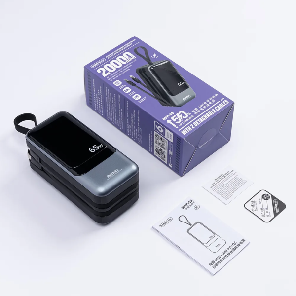 Потужний Повербанк Remax RPP-59 Power Bank 20000 мА·год, 65W PD + 60W QC, USB-C/USB-A, вбудований знімний Type-C-кабель, дисплей
