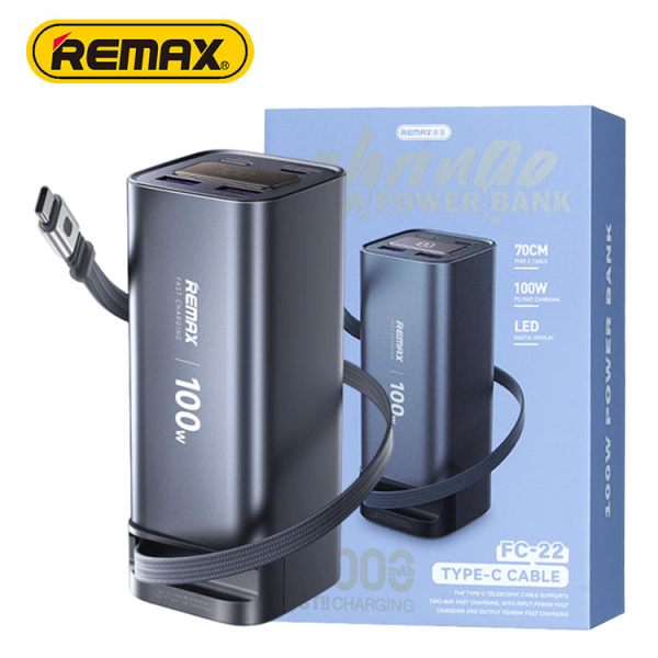 Повербанк Power Bank Remax FC-22 20000 mAh 100W, Type-C PD, вбудований кабель, швидка зарядка ноутбука, дисплей